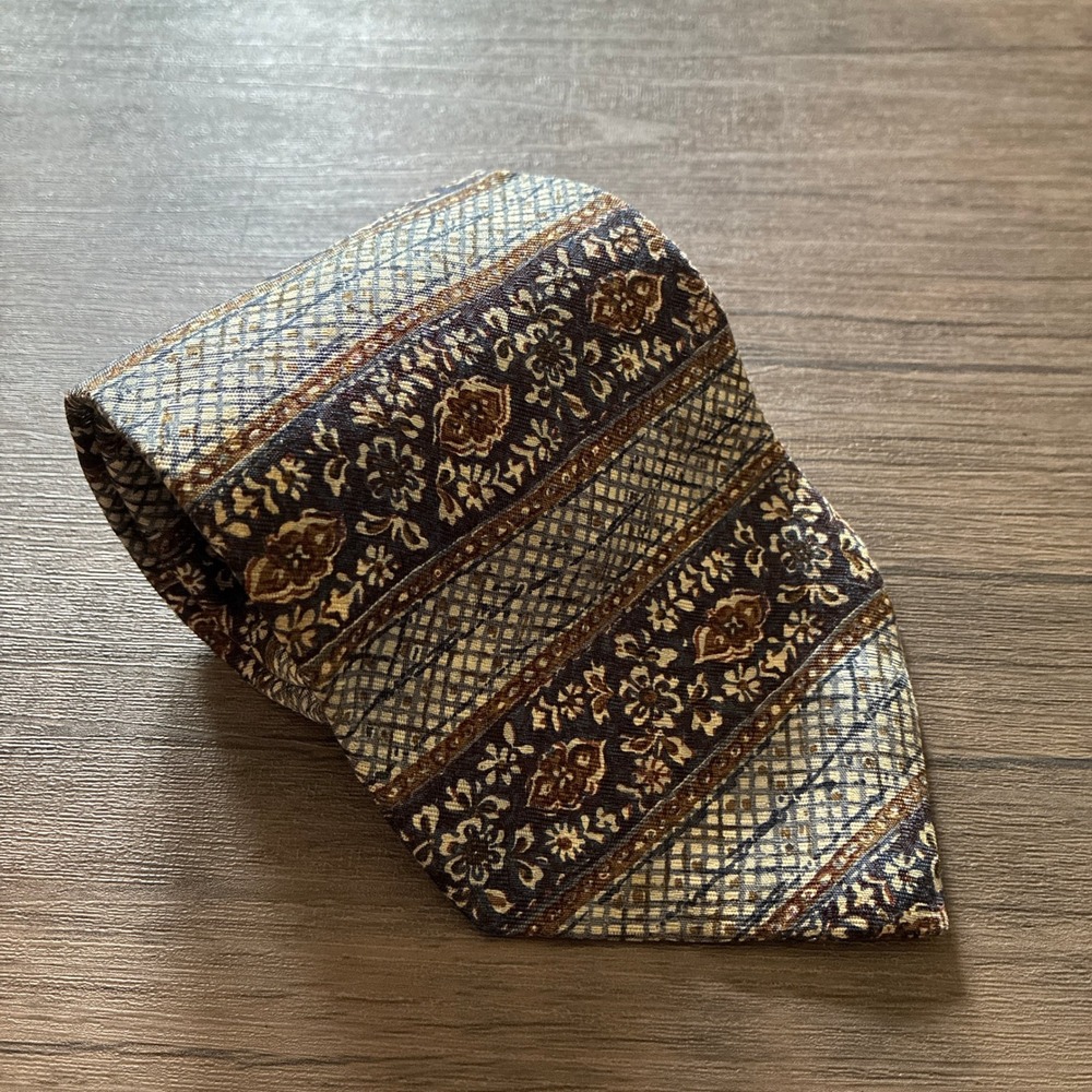 Hardy Amies Silk Floral Geometric Necktie OS Blue Brown Mens Made in Italy